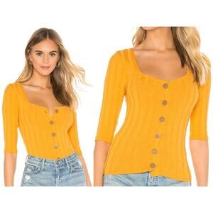 Free People NEW Central Park Ribbed Button-Front Cardigan Top in Gold Womens XS